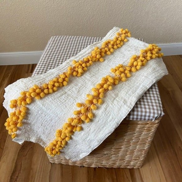 Yellow Pom Pom Table Kitchen Runner Cotton Blend Boho Bohemian Cream 50'' x 13'' - Picture 2 of 8